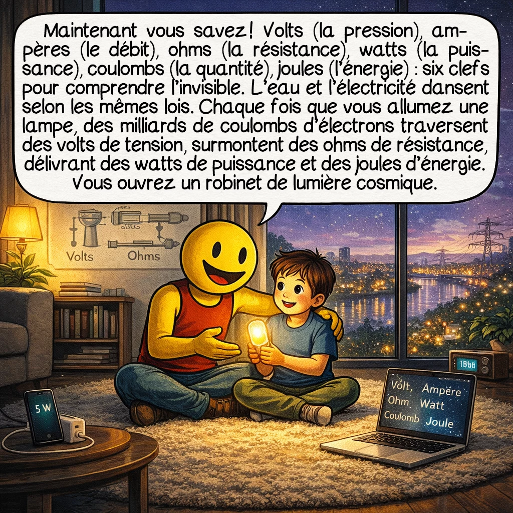 L'électricité, case 10 : Maintenant vous savez ! Volts (la pression), ampères (le débit), ohms (la résistance), watts (la puissance), coulombs (la quantité), joules (l’énergie) : six clefs pour comprendre l’invisible. L’eau et l’électricité dansent selon les mêmes lois. Chaque fois que vous allumez une lampe, des milliards de coulombs d’électrons traversent des volts de tension, surmontent des ohms de résistance, délivrant des watts de puissance et des joules d’énergie. Vous ouvrez un robinet de lumière cosmique.