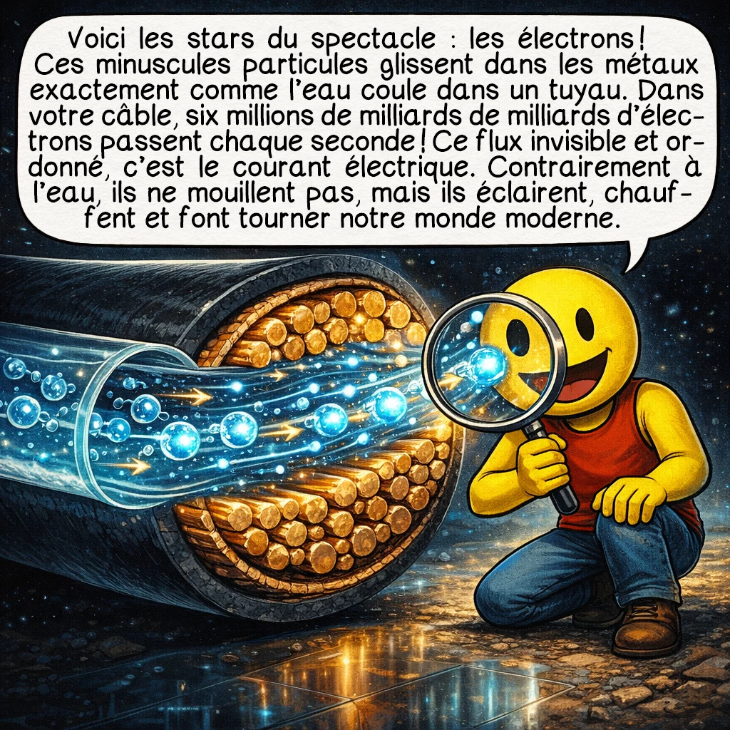 L'électricité, case 2 : Voici les stars du spectacle : les électrons ! Ces minuscules particules glissent dans les métaux exactement comme l’eau coule dans un tuyau. Dans votre câble, six millions de milliards de milliards d’électrons passent chaque seconde ! Ce flux invisible et ordonné, c’est le courant électrique. Contrairement à l’eau, ils ne mouillent pas, mais ils éclairent, chauffent et font tourner notre monde moderne.