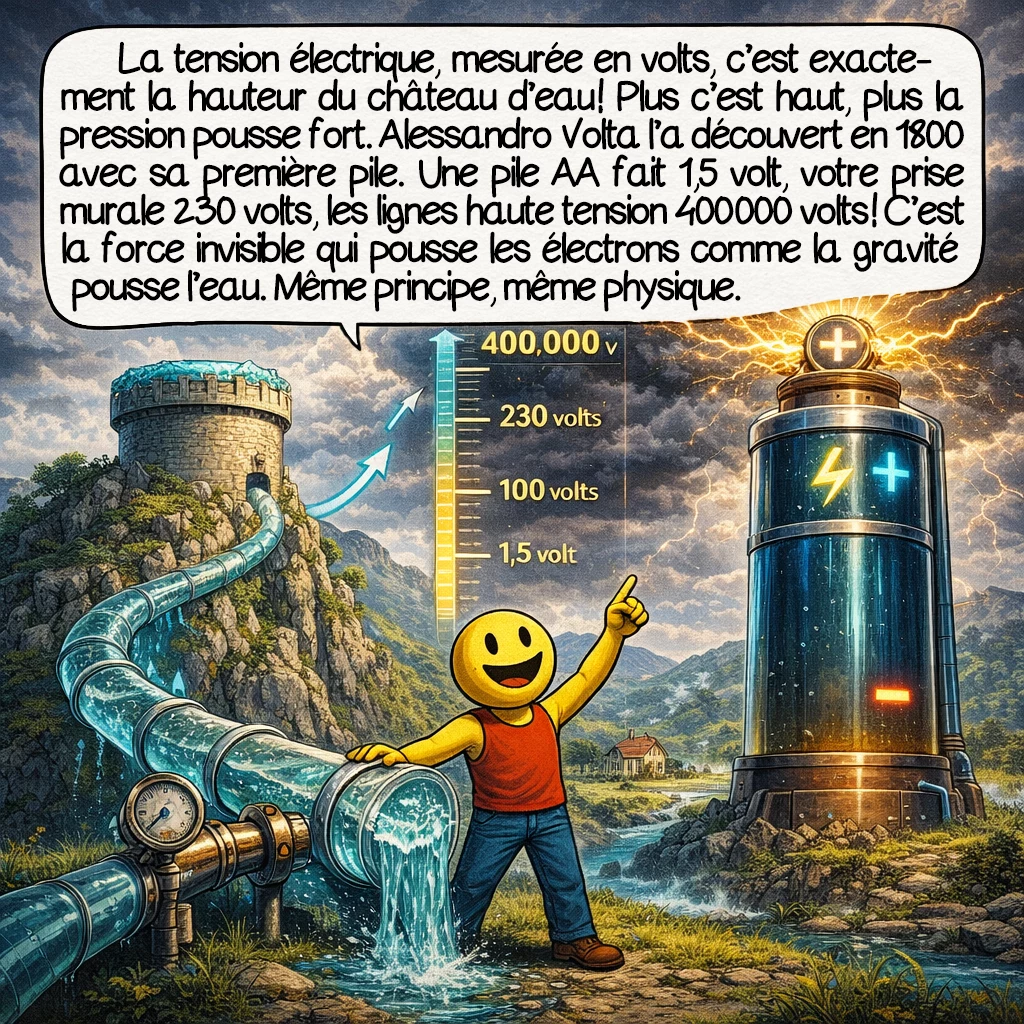 L'électricité, case 3 : La tension électrique, mesurée en volts, c’est exactement la hauteur du château d’eau ! Plus c’est haut, plus la pression pousse fort. Alessandro Volta l’a découvert en 1800 avec sa première pile. Une pile AA fait 1,5 volt, votre prise murale 230 volts, les lignes haute tension 400 000 volts ! C’est la force invisible qui pousse les électrons comme la gravité pousse l’eau. Même principe, même physique.