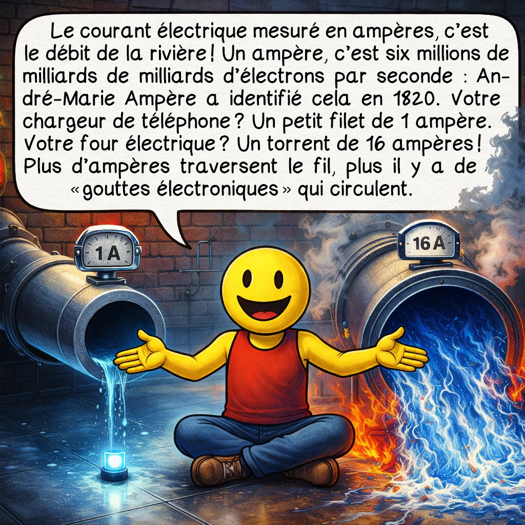L'électricité, case 4 : Le courant électrique mesuré en ampères, c’est le débit de la rivière ! Un ampère, c’est six millions de milliards de milliards d’électrons par seconde — André-Marie Ampère a identifié cela en 1820. Votre chargeur de téléphone ? Un petit filet de 1 ampère. Votre four électrique ? Un torrent de 16 ampères ! Plus d’ampères traversent le fil, plus il y a de « gouttes électroniques » qui circulent.