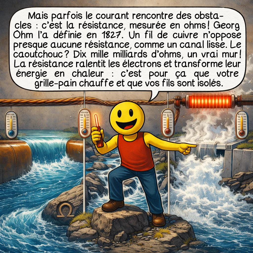 L'électricité, case 5 : Mais parfois le courant rencontre des obstacles : c’est la résistance, mesurée en ohms ! Georg Ohm l’a définie en 1827. Un fil de cuivre n’oppose presque aucune résistance, comme un canal lisse. Le caoutchouc ? Dix mille milliards d’ohms, un vrai mur ! La résistance ralentit les électrons et transforme leur énergie en chaleur — c’est pour ça que votre grille-pain chauffe et que vos fils sont isolés.