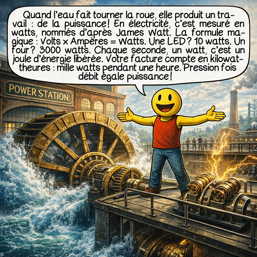 L'électricité, case 6 : Quand l’eau fait tourner la roue, elle produit un travail : de la puissance ! En électricité, c’est mesuré en watts, nommés d’après James Watt. La formule magique : Volts × Ampères = Watts. Une LED ? 10 watts. Un four ? 3000 watts. Chaque seconde, un watt, c’est un joule d’énergie libérée. Votre facture compte en kilowattheures : mille watts pendant une heure. Pression fois débit égale puissance !