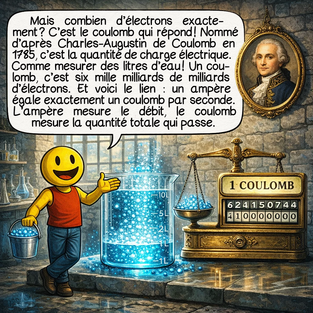 L'électricité, case 7 : Mais combien d’électrons exactement ? C’est le coulomb qui répond ! Nommé d’après Charles-Augustin de Coulomb en 1785, c’est la quantité de charge électrique. Comme mesurer des litres d’eau ! Un coulomb, c’est six mille milliards de milliards d’électrons. Et voici le lien : un ampère égale exactement un coulomb par seconde. L’ampère mesure le débit, le coulomb mesure la quantité totale qui passe.