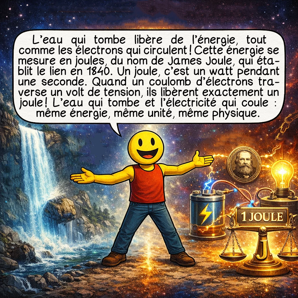 L'électricité, case 8 : L’eau qui tombe libère de l’énergie, tout comme les électrons qui circulent ! Cette énergie se mesure en joules, du nom de James Joule, qui établit le lien en 1840. Un joule, c’est un watt pendant une seconde. Quand un coulomb d’électrons traverse un volt de tension, ils libèrent exactement un joule ! L’eau qui tombe et l’électricité qui coule : même énergie, même unité, même physique.