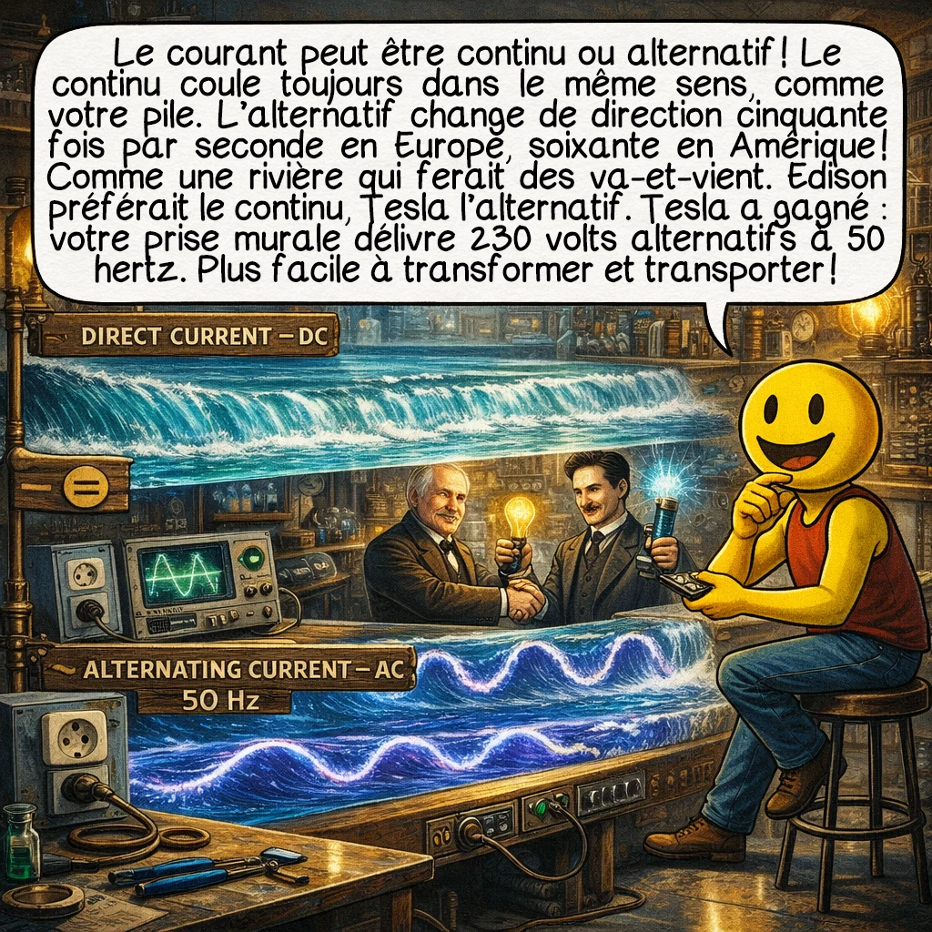L'électricité, case 9 : Le courant peut être continu ou alternatif ! Le continu coule toujours dans le même sens, comme votre pile. L’alternatif change de direction cinquante fois par seconde en Europe, soixante en Amérique ! Comme une rivière qui ferait des va-et-vient. Edison préférait le continu, Tesla l’alternatif. Tesla a gagné : votre prise murale délivre 230 volts alternatifs à 50 hertz. Plus facile à transformer et transporter !