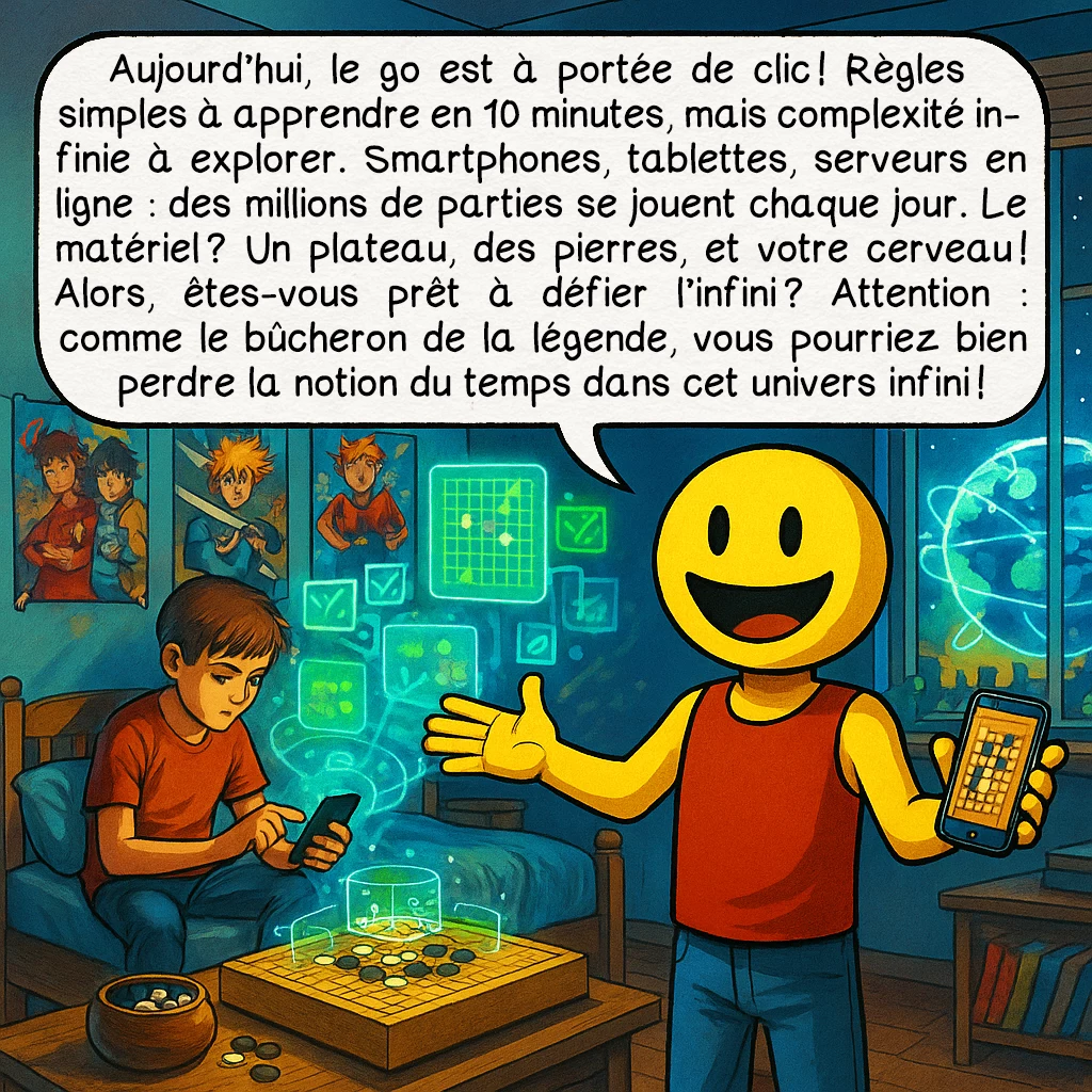 Le go, case 10 : Aujourd’hui, le go est à portée de clic ! Règles simples à apprendre en 10 minutes, mais complexité infinie à explorer. Smartphones, tablettes, serveurs en ligne : des millions de parties se jouent chaque jour. Le matériel ? Un plateau, des pierres, et votre cerveau ! Alors, êtes-vous prêt à défier l’infini ? Attention : comme le bûcheron de la légende, vous pourriez bien perdre la notion du temps dans cet univers infini !