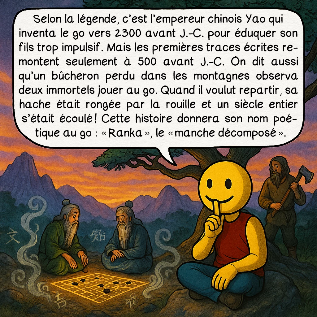 Le go, case 2 : Selon la légende, c’est l’empereur chinois Yao qui inventa le go vers 2300 avant J.-C. pour éduquer son fils trop impulsif. Mais les premières traces écrites remontent seulement à 500 avant J.-C. On dit aussi qu’un bûcheron perdu dans les montagnes observa deux immortels jouer au go. Quand il voulut repartir, sa hache était rongée par la rouille et un siècle entier s’était écoulé ! Cette histoire donnera son nom poétique au go : « Ranka », le « manche décomposé ».