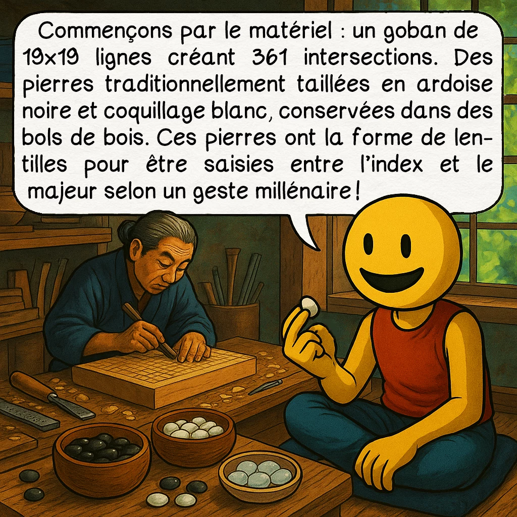 Le go, case 3 : Commençons par le matériel : un goban de 19×19 lignes créant 361 intersections. Des pierres traditionnellement taillées en ardoise noire et coquillage blanc, conservées dans des bols de bois. Ces pierres ont la forme de lentilles pour être saisies entre l’index et le majeur selon un geste millénaire !