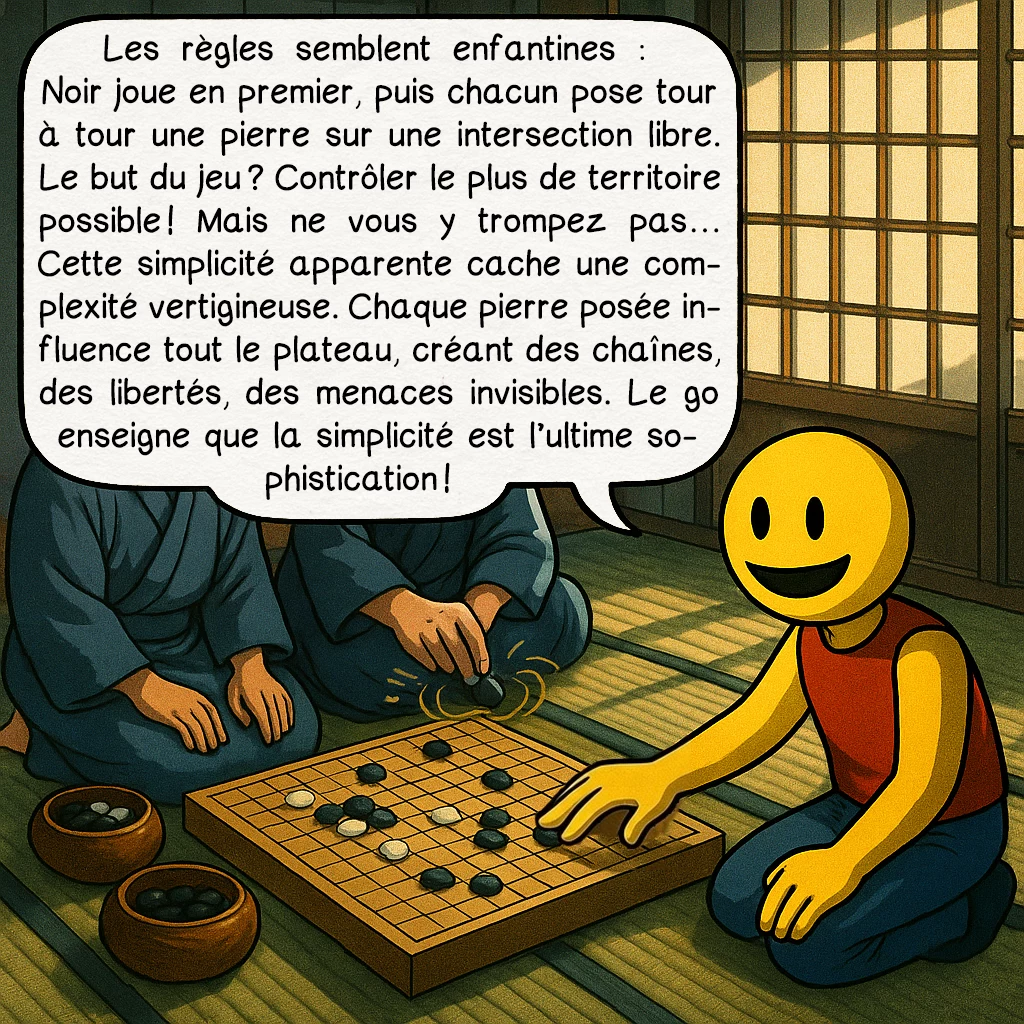 Le go, case 4 : Les règles semblent enfantines : Noir joue en premier, puis chacun pose tour à tour une pierre sur une intersection libre. Le but du jeu ? Contrôler le plus de territoire possible ! Mais ne vous y trompez pas… Cette simplicité apparente cache une complexité vertigineuse. Chaque pierre posée influence tout le plateau, créant des chaînes, des libertés, des menaces invisibles. Le go enseigne que la simplicité est l’ultime sophistication !