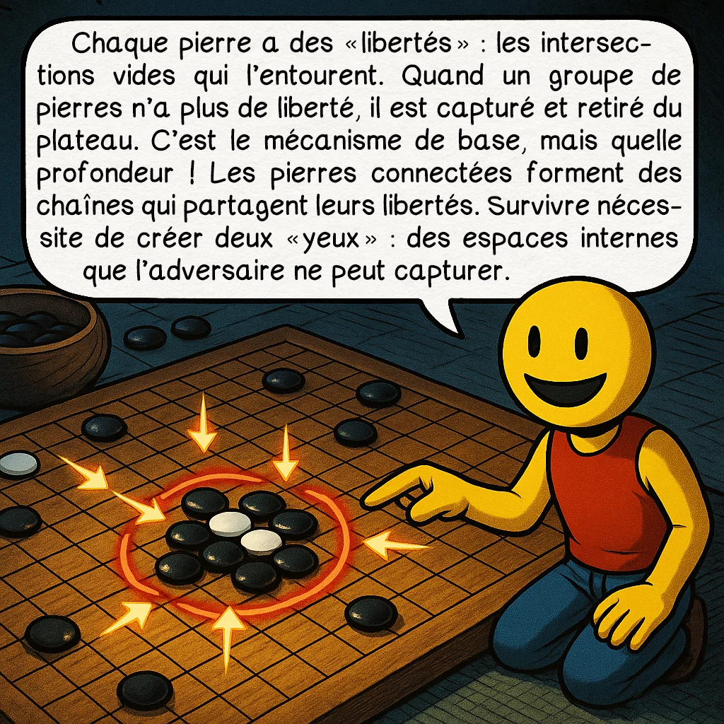 Le go, case 5 : Chaque pierre a des « libertés » : les intersections vides qui l’entourent. Quand un groupe de pierres n’a plus de liberté, il est capturé et retiré du plateau. C’est le mécanisme de base, mais quelle profondeur ! Les pierres connectées forment des chaînes qui partagent leurs libertés. Survivre nécessite de créer deux « yeux » : des espaces internes que l’adversaire ne peut capturer.
