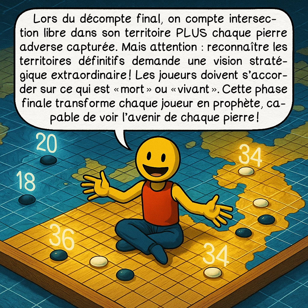 Le go, case 6 : Lors du décompte final, on compte intersection libre dans son territoire PLUS chaque pierre adverse capturée. Mais attention : reconnaître les territoires définitifs demande une vision stratégique extraordinaire ! Les joueurs doivent s’accorder sur ce qui est « mort » ou « vivant ». Cette phase finale transforme chaque joueur en prophète, capable de voir l’avenir de chaque pierre !