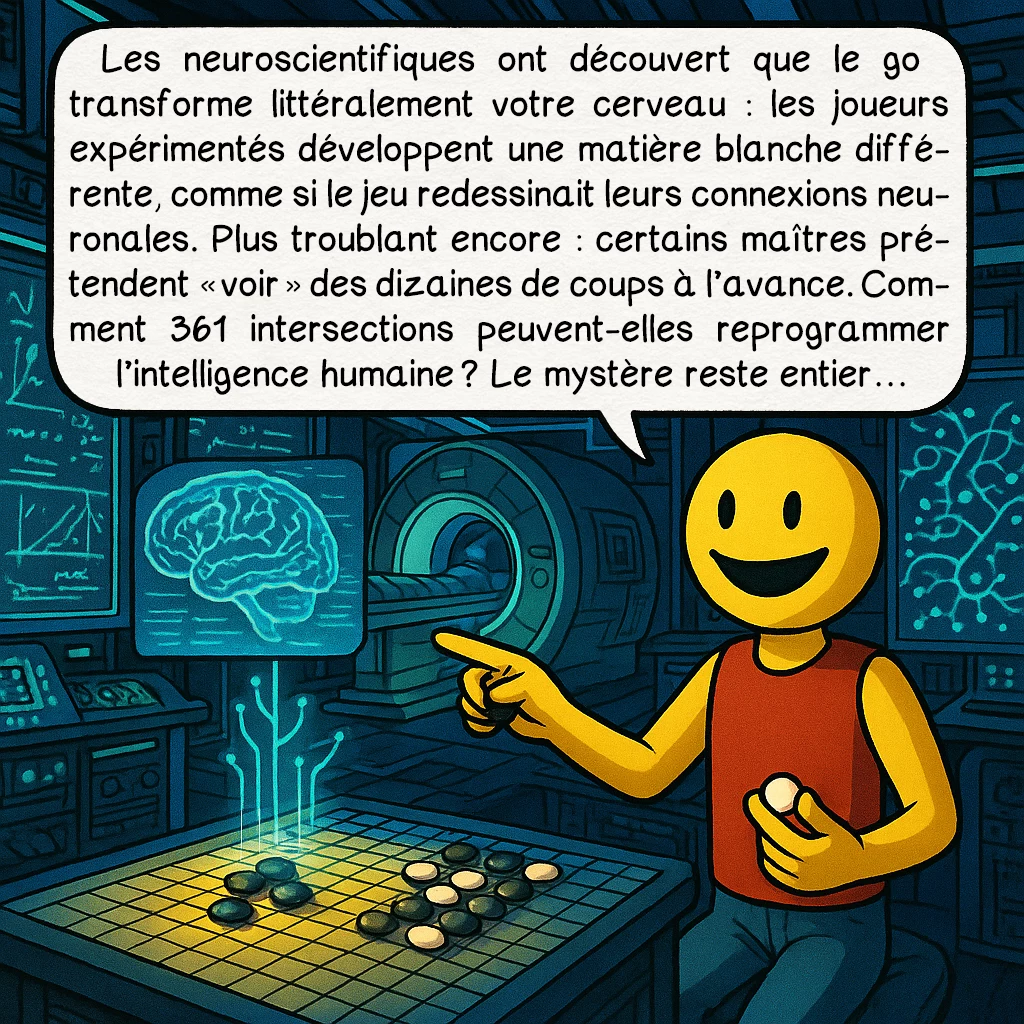 Le go, case 7 : Les neuroscientifiques ont découvert que le go transforme littéralement votre cerveau : les joueurs expérimentés développent une matière blanche différente, comme si le jeu redessinait leurs connexions neuronales. Plus troublant encore : certains maîtres prétendent « voir » des dizaines de coups à l’avance. Comment 361 intersections peuvent-elles reprogrammer l’intelligence humaine ? Le mystère reste entier…