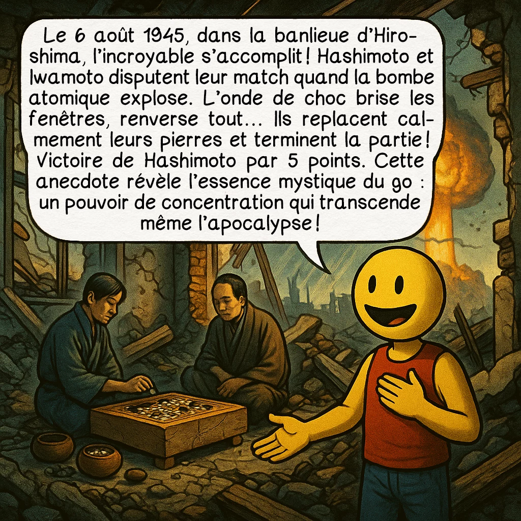 Le go, case 8 : Le 6 août 1945, dans la banlieue d’Hiroshima, l’incroyable s’accomplit ! Hashimoto et Iwamoto disputent leur match quand la bombe atomique explose. L’onde de choc brise les fenêtres, renverse tout… Ils replacent calmement leurs pierres et terminent la partie ! Victoire de Hashimoto par 5 points. Cette anecdote révèle l’essence mystique du go : un pouvoir de concentration qui transcende même l’apocalypse !