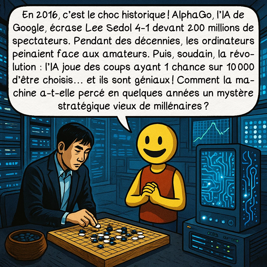 Le go, case 9 : En 2016, c’est le choc historique ! AlphaGo, l’IA de Google, écrase Lee Sedol 4-1 devant 200 millions de spectateurs. Pendant des décennies, les ordinateurs peinaient face aux amateurs. Puis, soudain, la révolution : l’IA joue des coups ayant 1 chance sur 10 000 d’être choisis… et ils sont géniaux ! Comment la machine a-t-elle percé en quelques années un mystère stratégique vieux de millénaires ?