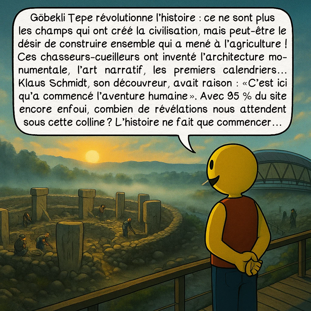 Göbekli Tepe, case 10 : Göbekli Tepe révolutionne l’histoire : ce ne sont plus les champs qui ont créé la civilisation, mais peut-être le désir de construire ensemble qui a mené à l’agriculture ! Ces chasseurs-cueilleurs ont inventé l’architecture monumentale, l’art narratif, les premiers calendriers… Klaus Schmidt, son découvreur, avait raison : « C’est ici qu’a commencé l’aventure humaine ». Avec 95 % du site encore enfoui, combien de révélations nous attendent sous cette colline ? L’histoire ne fait que commencer…