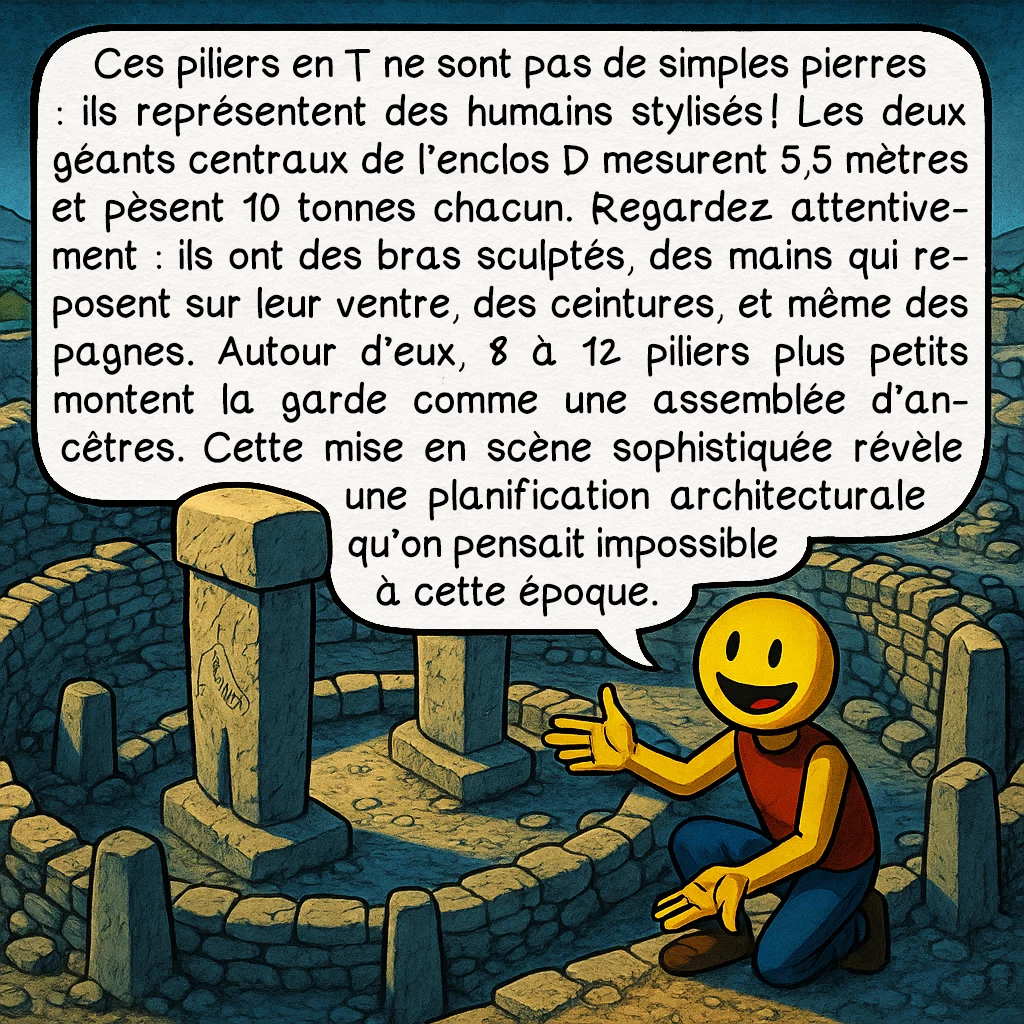 Göbekli Tepe, case 2 : Ces piliers en T ne sont pas de simples pierres : ils représentent des humains stylisés ! Les deux géants centraux de l’enclos D mesurent 5,5 mètres et pèsent 10 tonnes chacun. Regardez attentivement : ils ont des bras sculptés, des mains qui reposent sur leur ventre, des ceintures, et même des pagnes. Autour d’eux, 8 à 12 piliers plus petits montent la garde comme une assemblée d’ancêtres. Cette mise en scène sophistiquée révèle une planification architecturale qu’on pensait impossible à cette époque.
