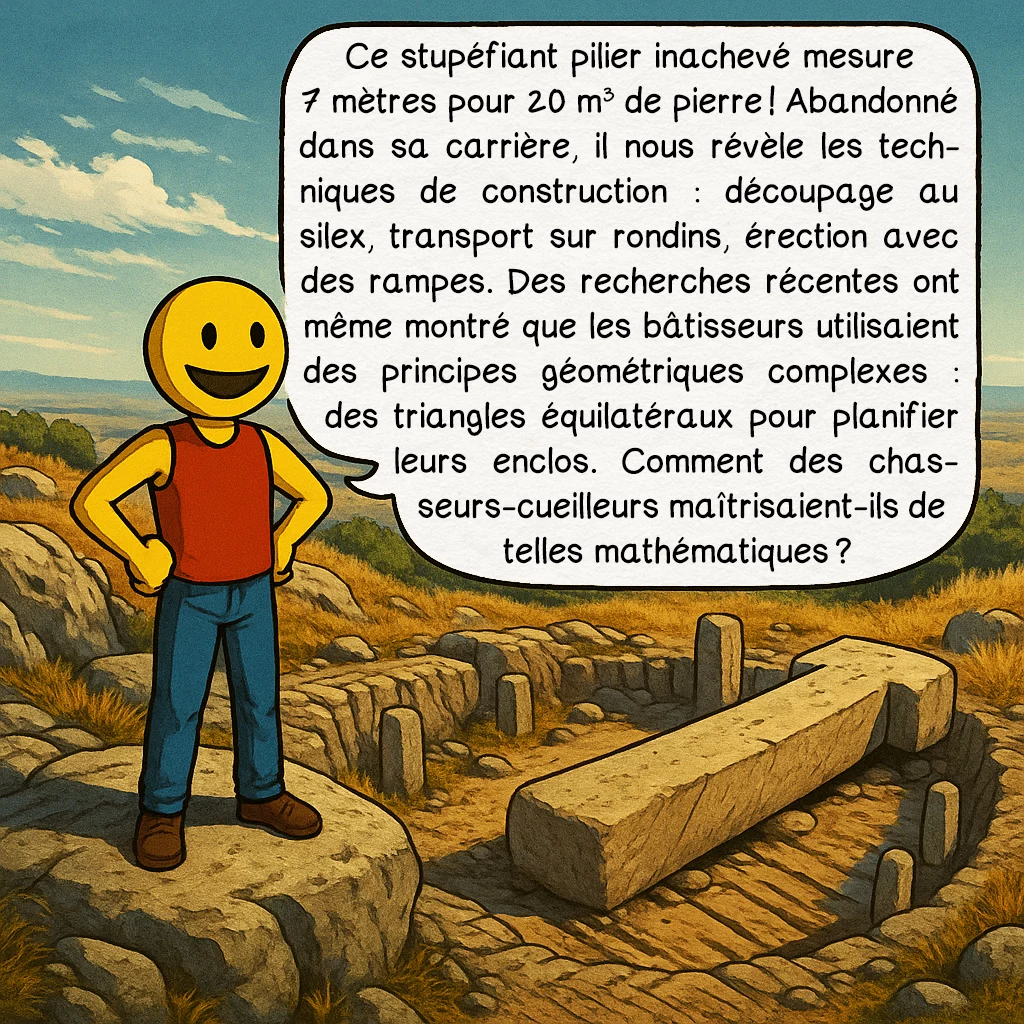 Göbekli Tepe, case 3 : Ce stupéfiant pilier inachevé mesure 7 mètres pour 20 m3 de pierre ! Abandonné dans sa carrière, il nous révèle les techniques de construction : découpage au silex, transport sur rondins, érection avec des rampes. Des recherches récentes ont même montré que les bâtisseurs utilisaient des principes géométriques complexes : des triangles équilatéraux pour planifier leurs enclos. Comment des chasseurs-cueilleurs maîtrisaient-ils de telles mathématiques ?