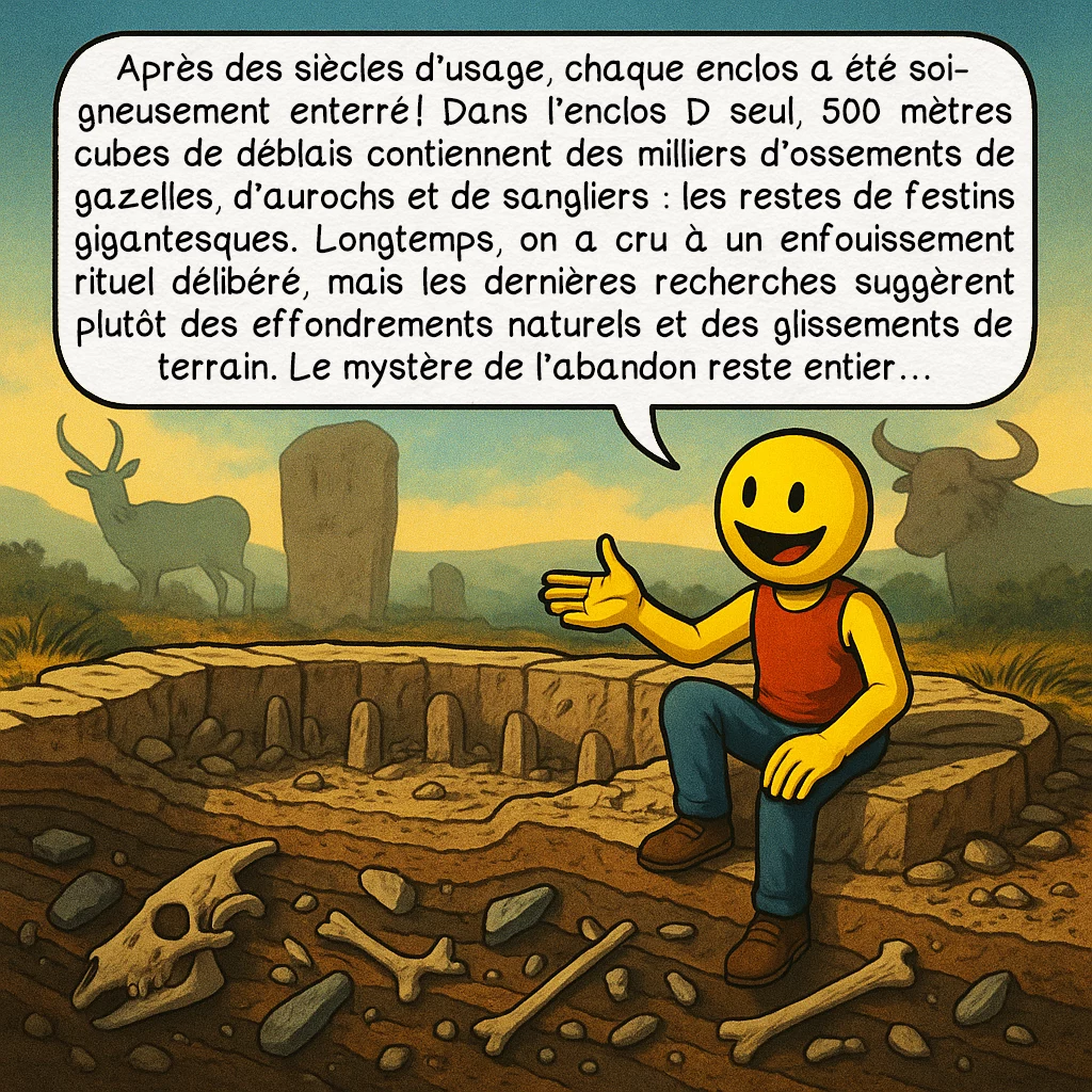 Göbekli Tepe, case 4 : Après des siècles d’usage, chaque enclos a été soigneusement enterré ! Dans l’enclos D seul, 500 mètres cubes de déblais contiennent des milliers d’ossements de gazelles, d’aurochs et de sangliers : les restes de festins gigantesques. Longtemps, on a cru à un enfouissement rituel délibéré, mais les dernières recherches suggèrent plutôt des effondrements naturels et des glissements de terrain. Le mystère de l’abandon reste entier…
