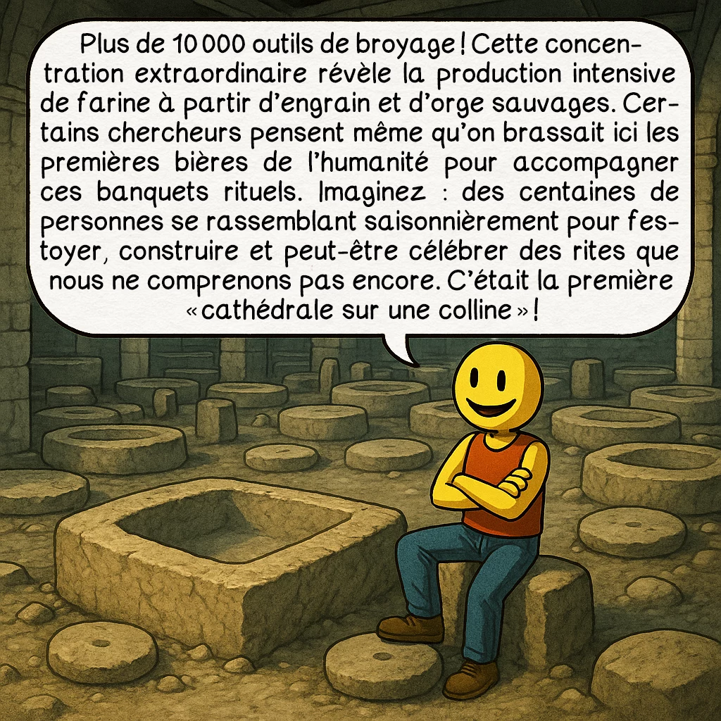 Göbekli Tepe, case 5 : Plus de 10 000 outils de broyage ! Cette concentration extraordinaire révèle la production intensive de farine à partir d’engrain et d’orge sauvages. Certains chercheurs pensent même qu’on brassait ici les premières bières de l’humanité pour accompagner ces banquets rituels. Imaginez : des centaines de personnes se rassemblant saisonnièrement pour festoyer, construire et peut-être célébrer des rites que nous ne comprenons pas encore. C’était la première « cathédrale sur une colline » !
