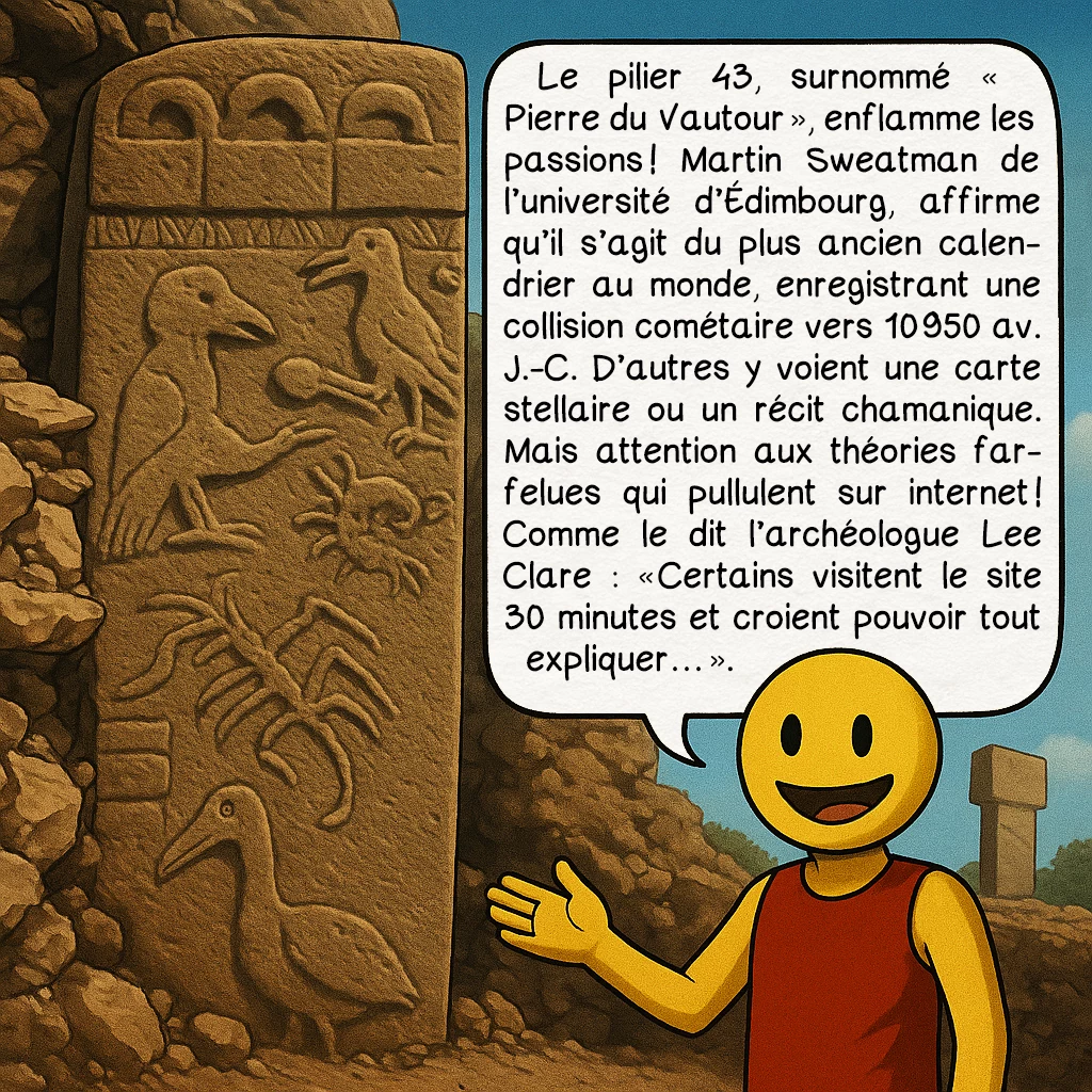 Göbekli Tepe, case 6 : Le pilier 43, surnommé « Pierre du Vautour », enflamme les passions ! Martin Sweatman de l’université d’Édimbourg, affirme qu’il s’agit du plus ancien calendrier au monde, enregistrant une collision cométaire vers 10 950 av. J.-C. D’autres y voient une carte stellaire ou un récit chamanique. Mais attention aux théories farfelues qui pullulent sur internet ! Comme le dit l’archéologue Lee Clare : « Certains visitent le site 30 minutes et croient pouvoir tout expliquer… ».