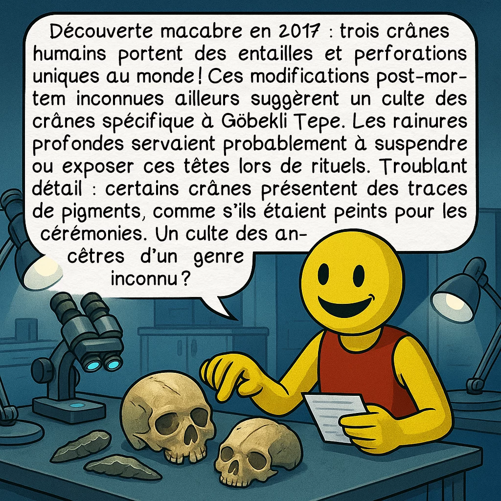 Göbekli Tepe, case 7 : Découverte macabre en 2017 : trois crânes humains portent des entailles et perforations uniques au monde ! Ces modifications post-mortem inconnues ailleurs suggèrent un culte des crânes spécifique à Göbekli Tepe. Les rainures profondes servaient probablement à suspendre ou exposer ces têtes lors de rituels. Troublant détail : certains crânes présentent des traces de pigments, comme s’ils étaient peints pour les cérémonies. Un culte des ancêtres d’un genre inconnu ?