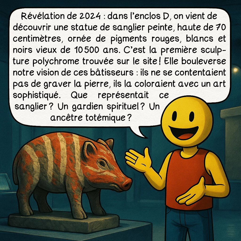 Göbekli Tepe, case 8 : Révélation de 2024 : dans l’enclos D, on vient de découvrir une statue de sanglier peinte, haute de 70 centimètres, ornée de pigments rouges, blancs et noirs vieux de 10 500 ans. C’est la première sculpture polychrome trouvée sur le site ! Elle bouleverse notre vision de ces bâtisseurs : ils ne se contentaient pas de graver la pierre, ils la coloraient avec un art sophistiqué. Que représentait ce sanglier ? Un gardien spirituel ? Un ancêtre totémique ?