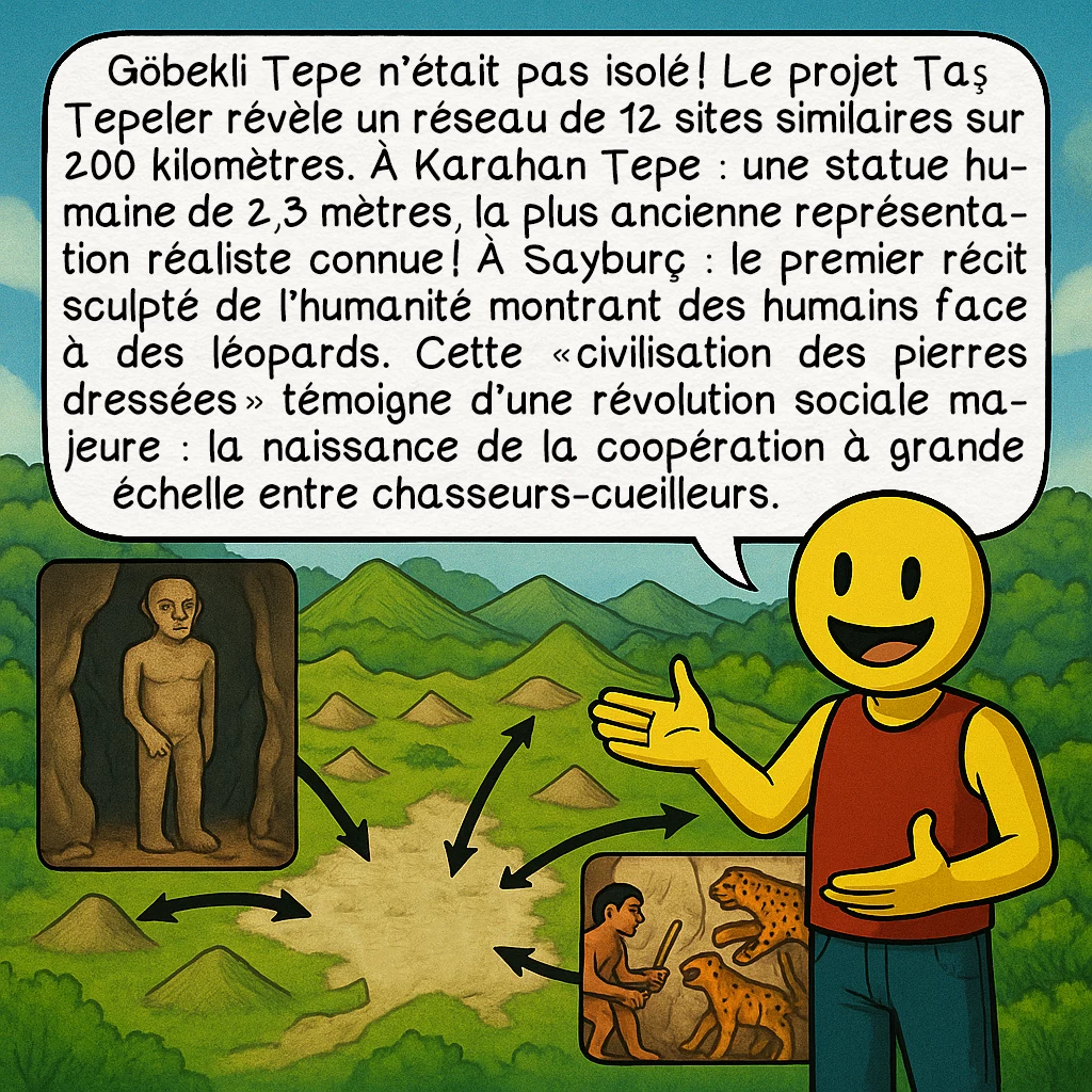 Göbekli Tepe, case 9 : Göbekli Tepe n’était pas isolé ! Le projet Taş Tepeler révèle un réseau de 12 sites similaires sur 200 kilomètres. À Karahan Tepe : une statue humaine de 2,3 mètres, la plus ancienne représentation réaliste connue ! À Sayburç : le premier récit sculpté de l’humanité montrant des humains face à des léopards. Cette « civilisation des pierres dressées » témoigne d’une révolution sociale majeure : la naissance de la coopération à grande échelle entre chasseurs-cueilleurs.