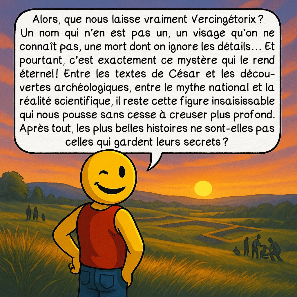 Vercingétorix, case 10 : Alors, que nous laisse vraiment Vercingétorix ? Un nom qui n’en est pas un, un visage qu’on ne connaît pas, une mort dont on ignore les détails… Et pourtant, c’est exactement ce mystère qui le rend éternel ! Entre les textes de César et les découvertes archéologiques, entre le mythe national et la réalité scientifique, il reste cette figure insaisissable qui nous pousse sans cesse à creuser plus profond. Après tout, les plus belles histoires ne sont-elles pas celles qui gardent leurs secrets ?
