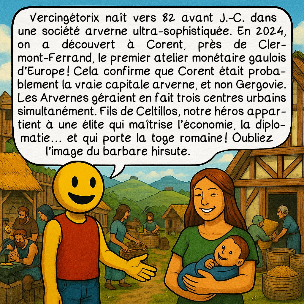 Vercingétorix, case 2 : Vercingétorix naît vers 82 avant J.-C. dans une société arverne ultra-sophistiquée. En 2024, on a découvert à Corent, près de Clermont-Ferrand, le premier atelier monétaire gaulois d’Europe ! Cela confirme que Corent était probablement la vraie capitale arverne, et non Gergovie. Les Arvernes géraient en fait trois centres urbains simultanément. Fils de Celtillos, notre héros appartient à une élite qui maîtrise l’économie, la diplomatie… et qui porte la toge romaine ! Oubliez l’image du barbare hirsute.