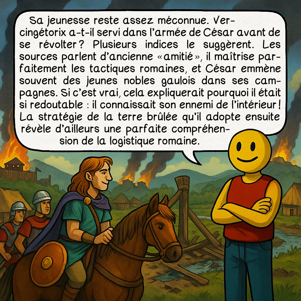 Vercingétorix, case 3 : Sa jeunesse reste assez méconnue. Vercingétorix a-t-il servi dans l’armée de César avant de se révolter ? Plusieurs indices le suggèrent. Les sources parlent d’ancienne « amitié », il maîtrise parfaitement les tactiques romaines, et César emmène souvent des jeunes nobles gaulois dans ses campagnes. Si c’est vrai, cela expliquerait pourquoi il était si redoutable : il connaissait son ennemi de l’intérieur ! La stratégie de la terre brûlée qu’il adopte ensuite révèle d’ailleurs une parfaite compréhension de la logistique romaine.