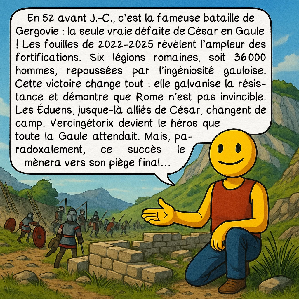 Vercingétorix, case 4 : En 52 avant J.-C., c’est la fameuse bataille de Gergovie : la seule vraie défaite de César en Gaule ! Les fouilles de 2022-2025 révèlent l’ampleur des fortifications. Six légions romaines, soit 36 000 hommes, repoussées par l’ingéniosité gauloise. Cette victoire change tout : elle galvanise la résistance et démontre que Rome n’est pas invincible. Les Éduens, jusque-là alliés de César, changent de camp. Vercingétorix devient le héros que toute la Gaule attendait. Mais, paradoxalement, ce succès le mènera vers son piège final…