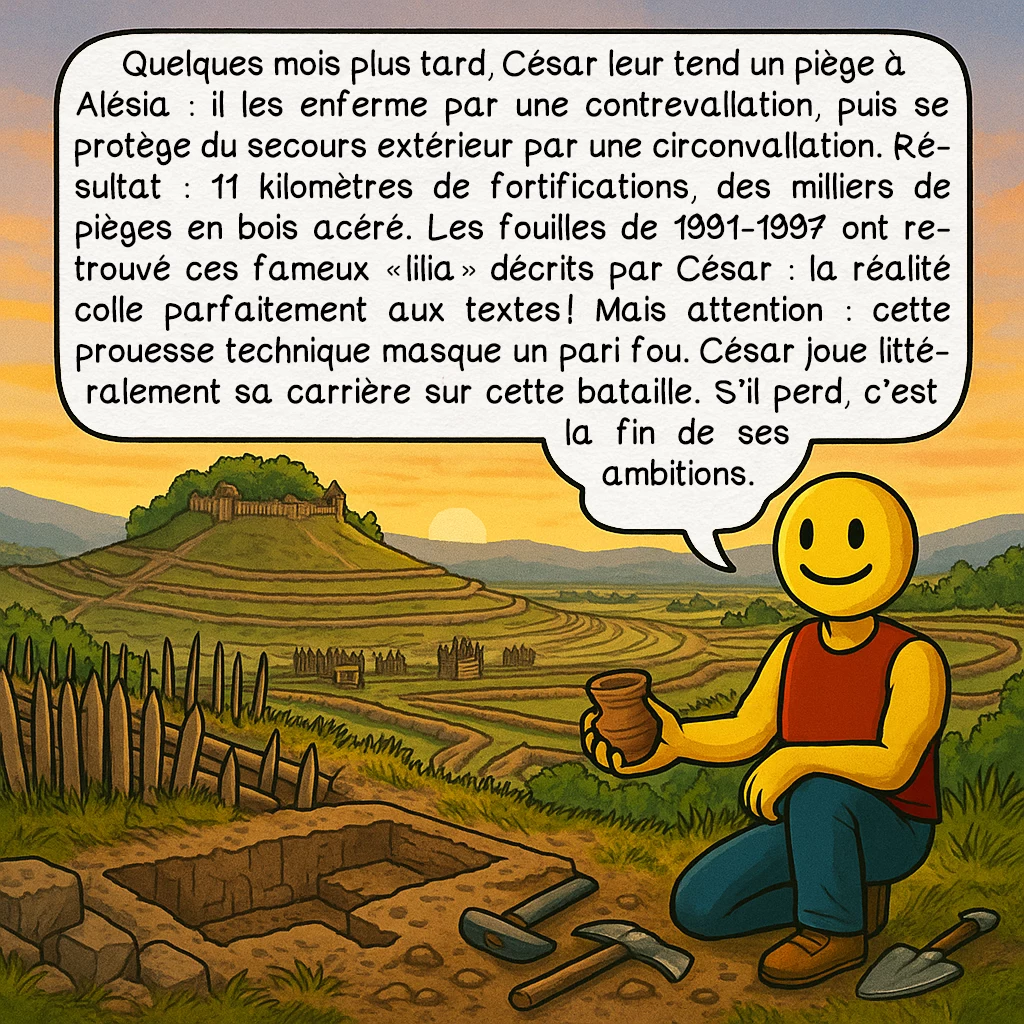 Vercingétorix, case 5 : Quelques mois plus tard, César leur tend un piège à Alésia : il les enferme par une contrevallation, puis se protège du secours extérieur par une circonvallation. Résultat : 11 kilomètres de fortifications, des milliers de pièges en bois acéré. Les fouilles de 1991-1997 ont retrouvé ces fameux « lilia » décrits par César : la réalité colle parfaitement aux textes ! Mais attention : cette prouesse technique masque un pari fou. César joue littéralement sa carrière sur cette bataille. S’il perd, c’est la fin de ses ambitions.