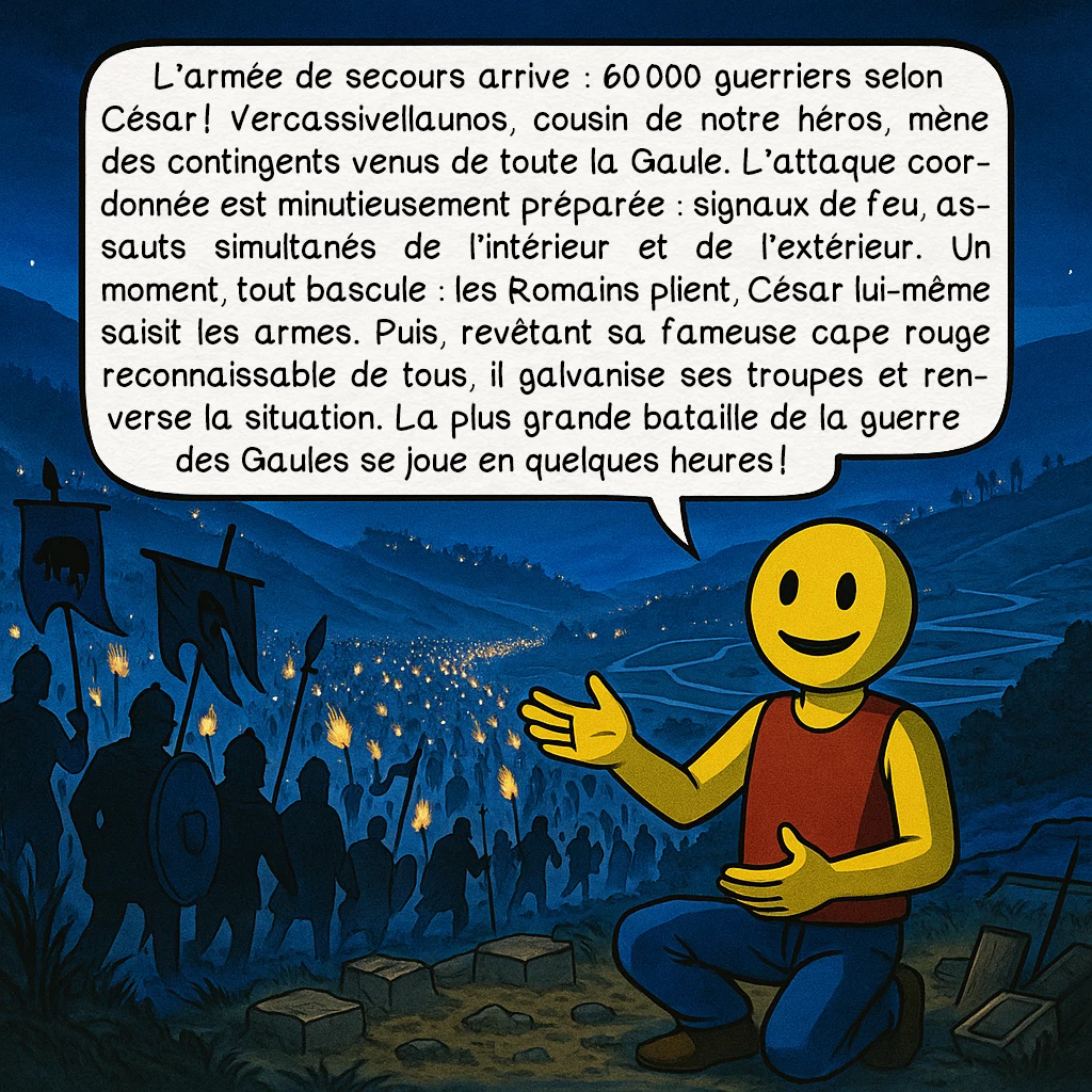 Vercingétorix, case 6 : L’armée de secours arrive : 60 000 guerriers selon César ! Vercassivellaunos, cousin de notre héros, mène des contingents venus de toute la Gaule. L’attaque coordonnée est minutieusement préparée : signaux de feu, assauts simultanés de l’intérieur et de l’extérieur. Un moment, tout bascule : les Romains plient, César lui-même saisit les armes. Puis, revêtant sa fameuse cape rouge reconnaissable de tous, il galvanise ses troupes et renverse la situation. La plus grande bataille de la guerre des Gaules se joue en quelques heures !