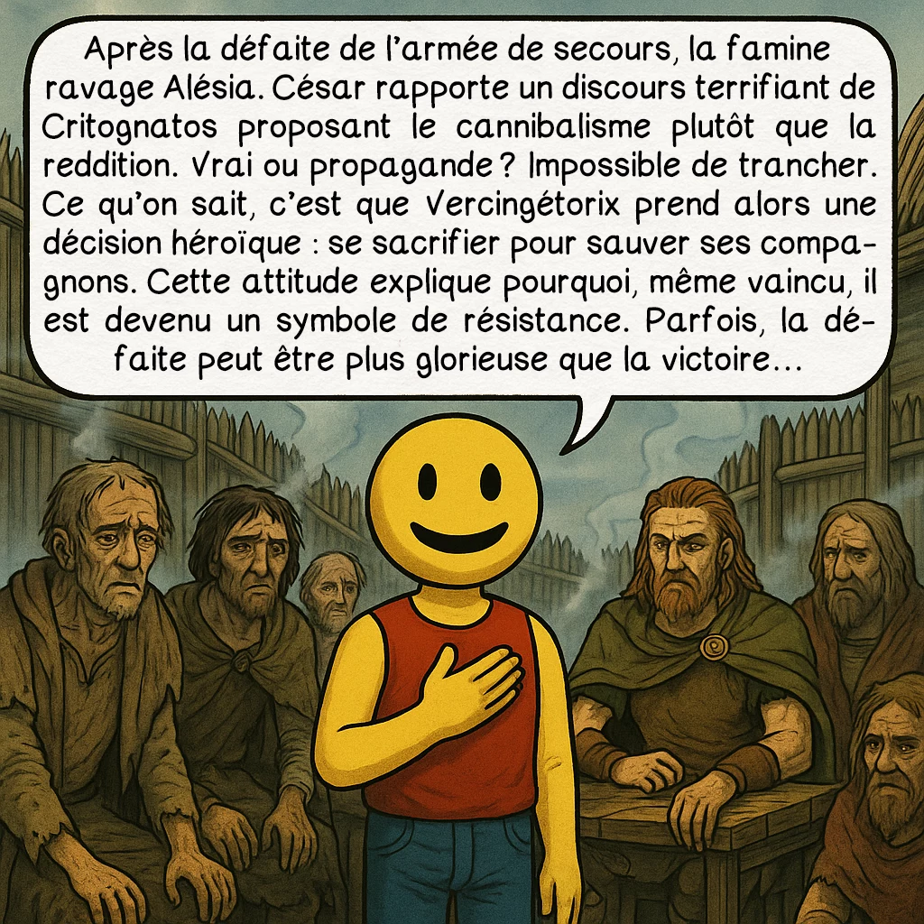 Vercingétorix, case 7 : Après la défaite de l’armée de secours, la famine ravage Alésia. César rapporte un discours terrifiant de Critognatos proposant le cannibalisme plutôt que la reddition. Vrai ou propagande ? Impossible de trancher. Ce qu’on sait, c’est que Vercingétorix prend alors une décision héroïque : se sacrifier pour sauver ses compagnons. Cette attitude explique pourquoi, même vaincu, il est devenu un symbole de résistance. Parfois, la défaite peut être plus glorieuse que la victoire…