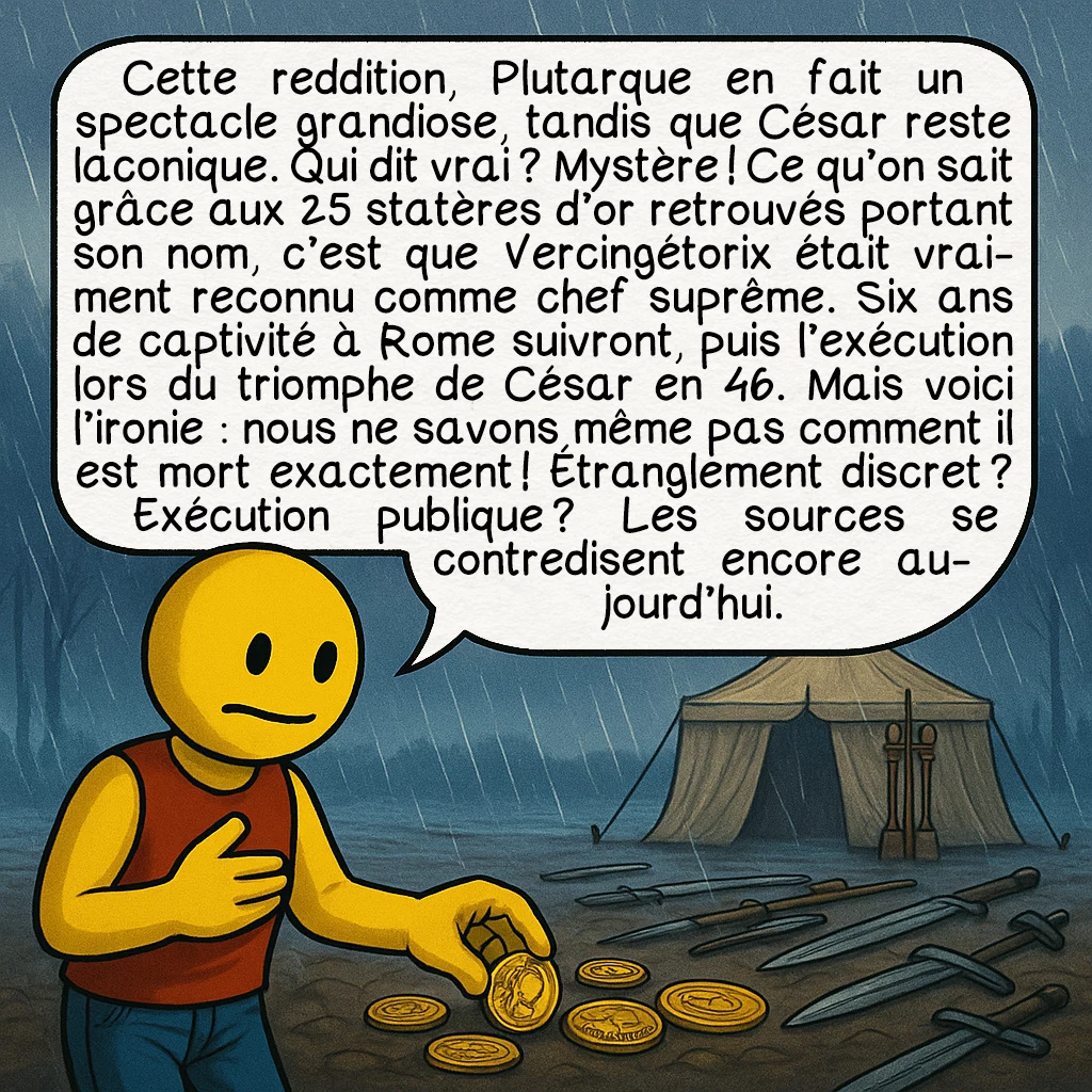 Vercingétorix, case 8 : Cette reddition, Plutarque en fait un spectacle grandiose, tandis que César reste laconique. Qui dit vrai ? Mystère ! Ce qu’on sait grâce aux 25 statères d’or retrouvés portant son nom, c’est que Vercingétorix était vraiment reconnu comme chef suprême. Six ans de captivité à Rome suivront, puis l’exécution lors du triomphe de César en 46. Mais voici l’ironie : nous ne savons même pas comment il est mort exactement ! Étranglement discret ? Exécution publique ? Les sources se contredisent encore aujourd’hui.