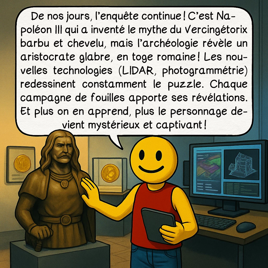 Vercingétorix, case 9 : De nos jours, l’enquête continue ! C’est Napoléon III qui a inventé le mythe du Vercingétorix barbu et chevelu, mais l’archéologie révèle un aristocrate glabre, en toge romaine ! Les nouvelles technologies (LIDAR, photogrammétrie) redessinent constamment le puzzle. Chaque campagne de fouilles apporte ses révélations. Et plus on en apprend, plus le personnage devient mystérieux et captivant !