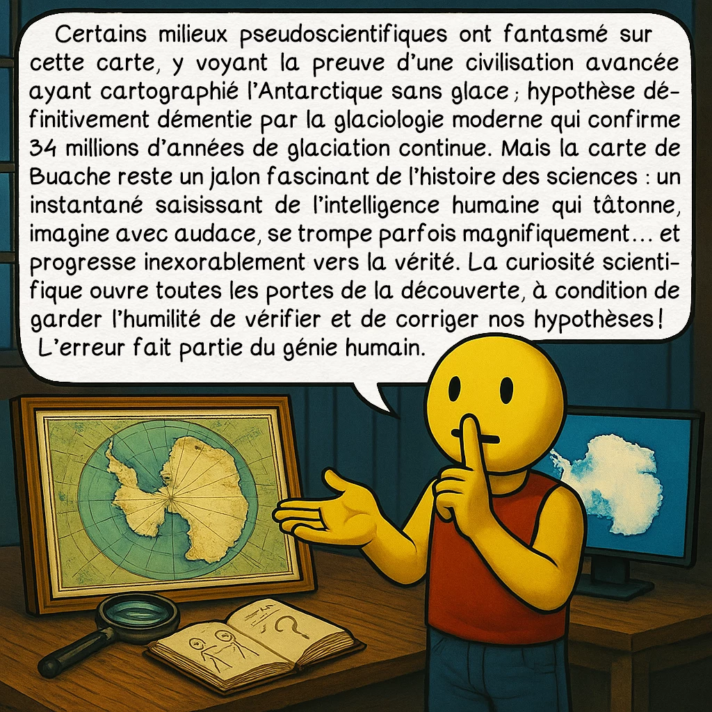 La carte de Buache, case 10 : Certains milieux pseudoscientifiques ont fantasmé sur cette carte, y voyant la preuve d’une civilisation avancée ayant cartographié l’Antarctique sans glace ; hypothèse définitivement démentie par la glaciologie moderne qui confirme 34 millions d’années de glaciation continue. Mais la carte de Buache reste un jalon fascinant de l’histoire des sciences : un instantané saisissant de l’intelligence humaine qui tâtonne, imagine avec audace, se trompe parfois magnifiquement… et progresse inexorablement vers la vérité. La curiosité scientifique ouvre toutes les portes de la découverte, à condition de garder l’humilité de vérifier et de corriger nos hypothèses ! L’erreur fait partie du génie humain.