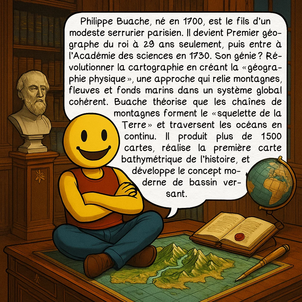 La carte de Buache, case 2 : Philippe Buache, né en 1700, est le fils d’un modeste serrurier parisien. Il devient Premier géographe du roi à 29 ans seulement, puis entre à l’Académie des sciences en 1730. Son génie ? Révolutionner la cartographie en créant la « géographie physique », une approche qui relie montagnes, fleuves et fonds marins dans un système global cohérent. Buache théorise que les chaînes de montagnes forment le « squelette de la Terre » et traversent les océans en continu. Il produit plus de 1 500 cartes, réalise la première carte bathymétrique de l’histoire, et développe le concept moderne de bassin versant.
