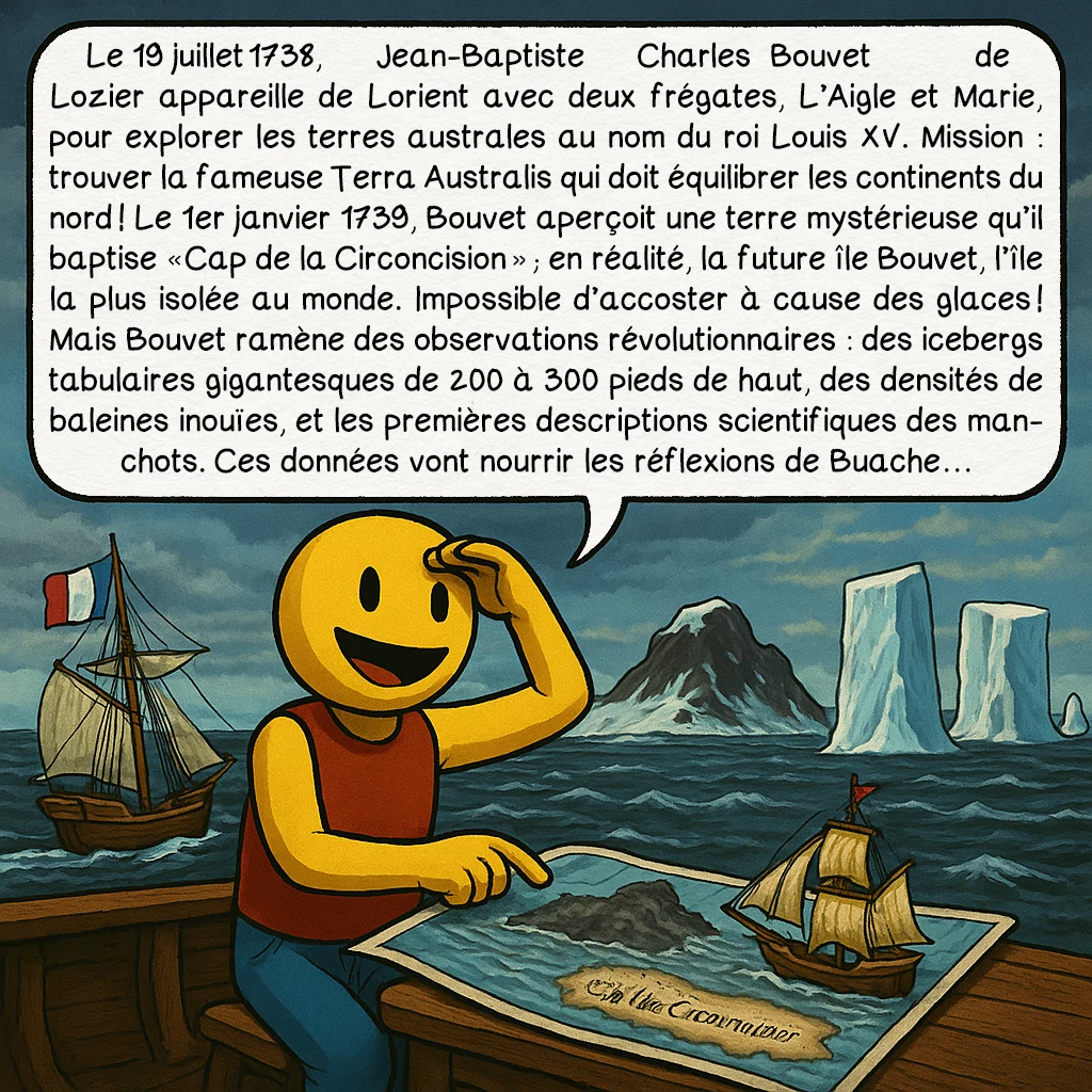 La carte de Buache, case 3 : Le 19 juillet 1738, Jean-Baptiste Charles Bouvet de Lozier appareille de Lorient avec deux frégates, L’Aigle et Marie, pour explorer les terres australes au nom du roi Louis XV. Mission : trouver la fameuse Terra Australis qui doit équilibrer les continents du nord ! Le 1er janvier 1739, Bouvet aperçoit une terre mystérieuse qu’il baptise « Cap de la Circoncision » ; en réalité, la future île Bouvet, l’île la plus isolée au monde. Impossible d’accoster à cause des glaces ! Mais Bouvet ramène des observations révolutionnaires : des icebergs tabulaires gigantesques de 200 à 300 pieds de haut, des densités de baleines inouïes, et les premières descriptions scientifiques des manchots. Ces données vont nourrir les réflexions de Buache…