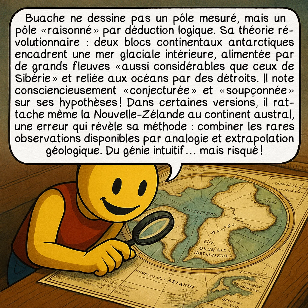 La carte de Buache, case 4 : Buache ne dessine pas un pôle mesuré, mais un pôle « raisonné » par déduction logique. Sa théorie révolutionnaire : deux blocs continentaux antarctiques encadrent une mer glaciale intérieure, alimentée par de grands fleuves « aussi considérables que ceux de Sibérie » et reliée aux océans par des détroits. Il note consciencieusement « conjecturée » et « soupçonnée » sur ses hypothèses ! Dans certaines versions, il rattache même la Nouvelle-Zélande au continent austral, une erreur qui révèle sa méthode : combiner les rares observations disponibles par analogie et extrapolation géologique. Du génie intuitif… mais risqué !
