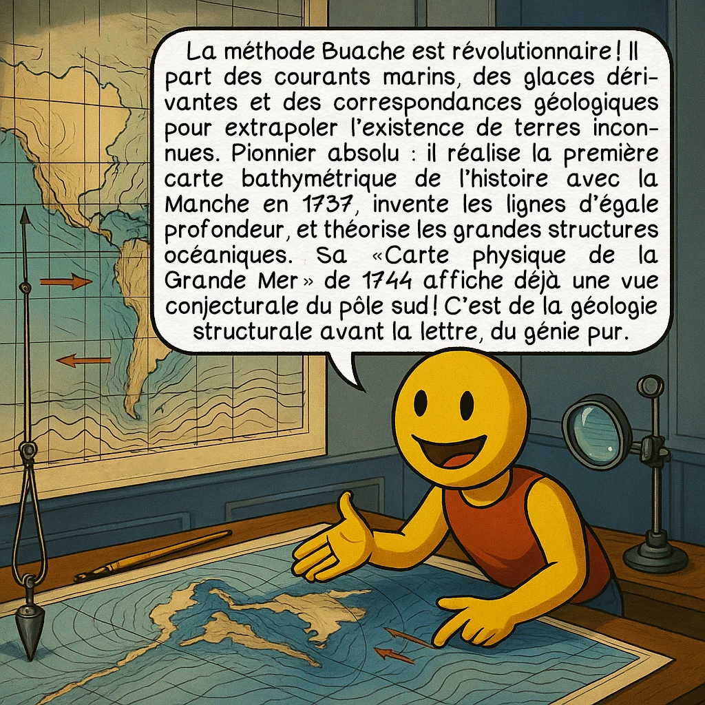 La carte de Buache, case 5 : La méthode Buache est révolutionnaire ! Il part des courants marins, des glaces dérivantes et des correspondances géologiques pour extrapoler l’existence de terres inconnues. Pionnier absolu : il réalise la première carte bathymétrique de l’histoire avec la Manche en 1737, invente les lignes d’égale profondeur, et théorise les grandes structures océaniques. Sa « Carte physique de la Grande Mer » de 1744 affiche déjà une vue conjecturale du pôle sud ! C’est de la géologie structurale avant la lettre, du génie pur.
