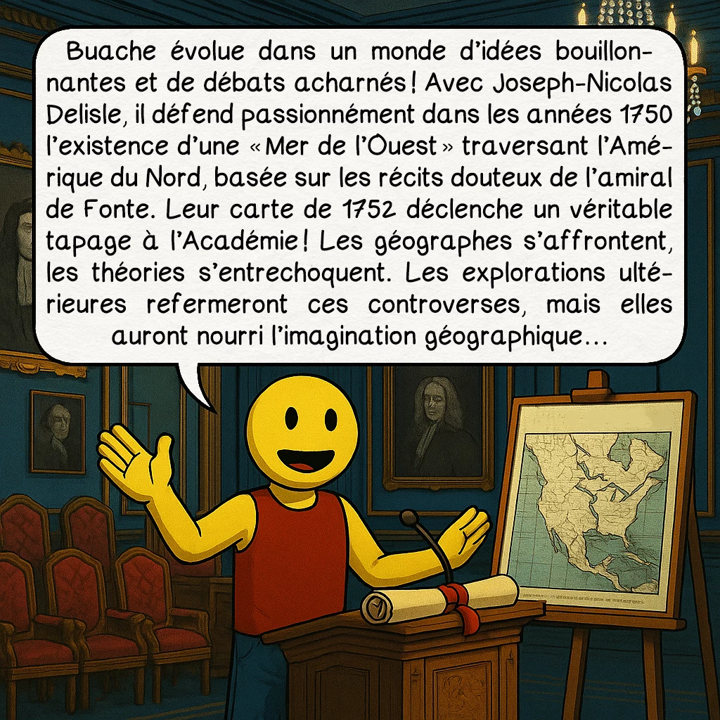La carte de Buache, case 6 : Buache évolue dans un monde d’idées bouillonnantes et de débats acharnés ! Avec Joseph-Nicolas Delisle, il défend passionnément dans les années 1750 l’existence d’une « Mer de l’Ouest » traversant l’Amérique du Nord, basée sur les récits douteux de l’amiral de Fonte. Leur carte de 1752 déclenche un véritable tapage à l’Académie ! Les géographes s’affrontent, les théories s’entrechoquent. Les explorations ultérieures refermeront ces controverses, mais elles auront nourri l’imagination géographique…