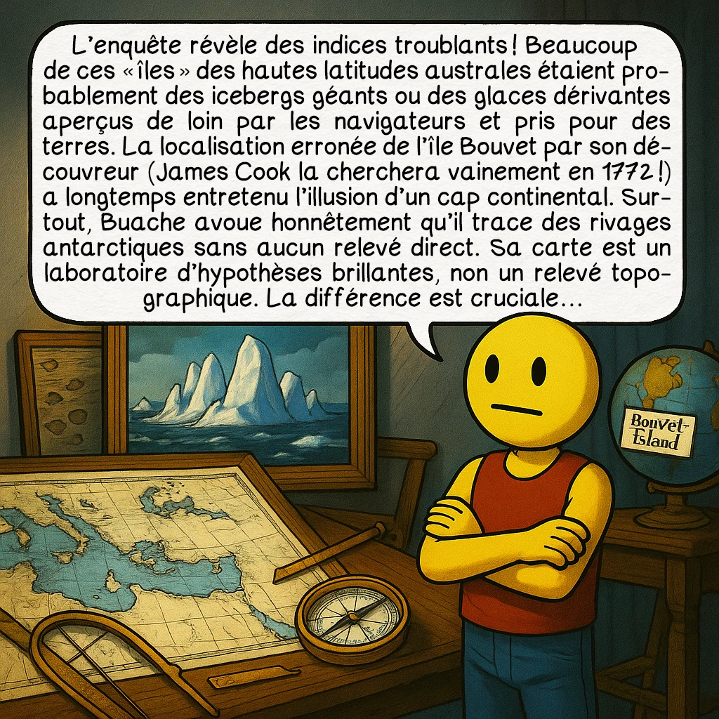 La carte de Buache, case 7 : L’enquête révèle des indices troublants ! Beaucoup de ces « îles » des hautes latitudes australes étaient probablement des icebergs géants ou des glaces dérivantes aperçus de loin par les navigateurs et pris pour des terres. La localisation erronée de l’île Bouvet par son découvreur (James Cook la cherchera vainement en 1772 !) a longtemps entretenu l’illusion d’un cap continental. Surtout, Buache avoue honnêtement qu’il trace des rivages antarctiques sans aucun relevé direct. Sa carte est un laboratoire d’hypothèses brillantes, non un relevé topographique. La différence est cruciale…