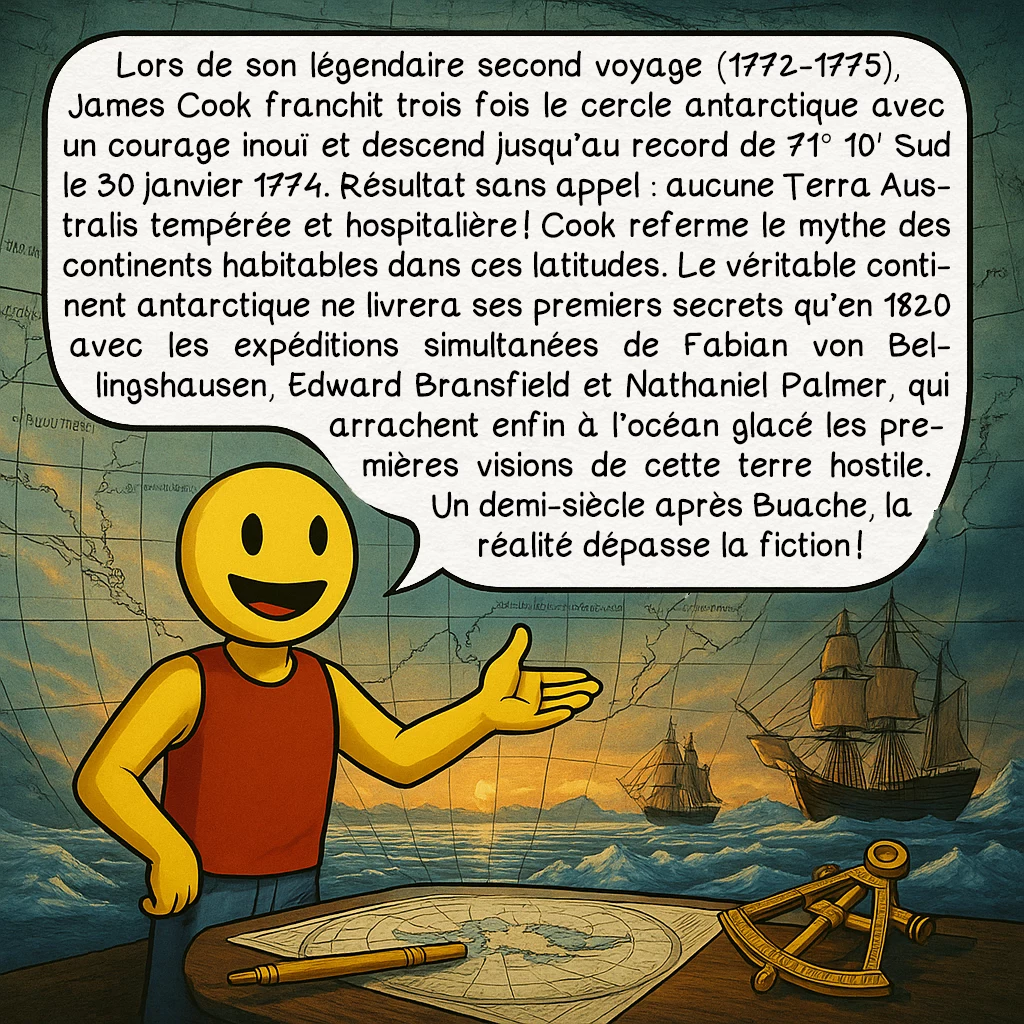 La carte de Buache, case 8 : Lors de son légendaire second voyage (1772-1775), James Cook franchit trois fois le cercle antarctique avec un courage inouï et descend jusqu’au record de 71° 10' Sud le 30 janvier 1774. Résultat sans appel : aucune Terra Australis tempérée et hospitalière ! Cook referme le mythe des continents habitables dans ces latitudes. Le véritable continent antarctique ne livrera ses premiers secrets qu’en 1820 avec les expéditions simultanées de Fabian von Bellingshausen, Edward Bransfield et Nathaniel Palmer, qui arrachent enfin à l’océan glacé les premières visions de cette terre hostile. Un demi-siècle après Buache, la réalité dépasse la fiction !