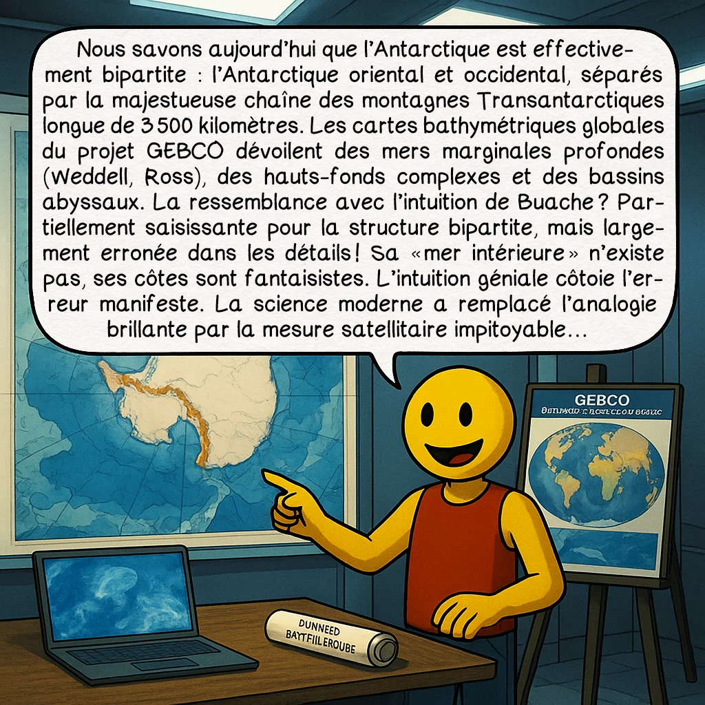 La carte de Buache, case 9 : Nous savons aujourd’hui que l’Antarctique est effectivement bipartite : l’Antarctique oriental et occidental, séparés par la majestueuse chaîne des montagnes Transantarctiques longue de 3 500 kilomètres. Les cartes bathymétriques globales du projet GEBCO dévoilent des mers marginales profondes (Weddell, Ross), des hauts-fonds complexes et des bassins abyssaux. La ressemblance avec l’intuition de Buache ? Partiellement saisissante pour la structure bipartite, mais largement erronée dans les détails ! Sa « mer intérieure » n’existe pas, ses côtes sont fantaisistes. L’intuition géniale côtoie l’erreur manifeste. La science moderne a remplacé l’analogie brillante par la mesure satellitaire impitoyable…