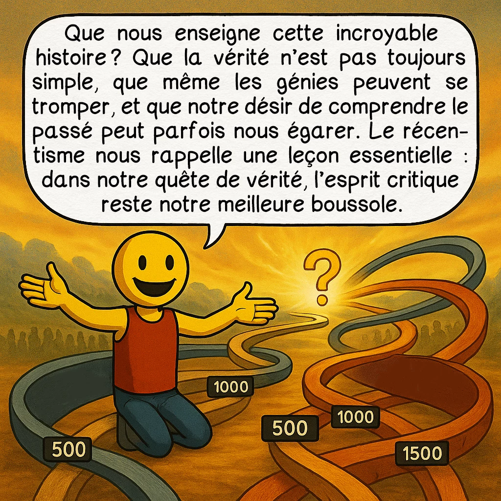 Le récentisme, case 10 : Que nous enseigne cette incroyable histoire ? Que la vérité n’est pas toujours simple, que même les génies peuvent se tromper, et que notre désir de comprendre le passé peut parfois nous égarer. Le récentisme nous rappelle une leçon essentielle : dans notre quête de vérité, l’esprit critique reste notre meilleure boussole.