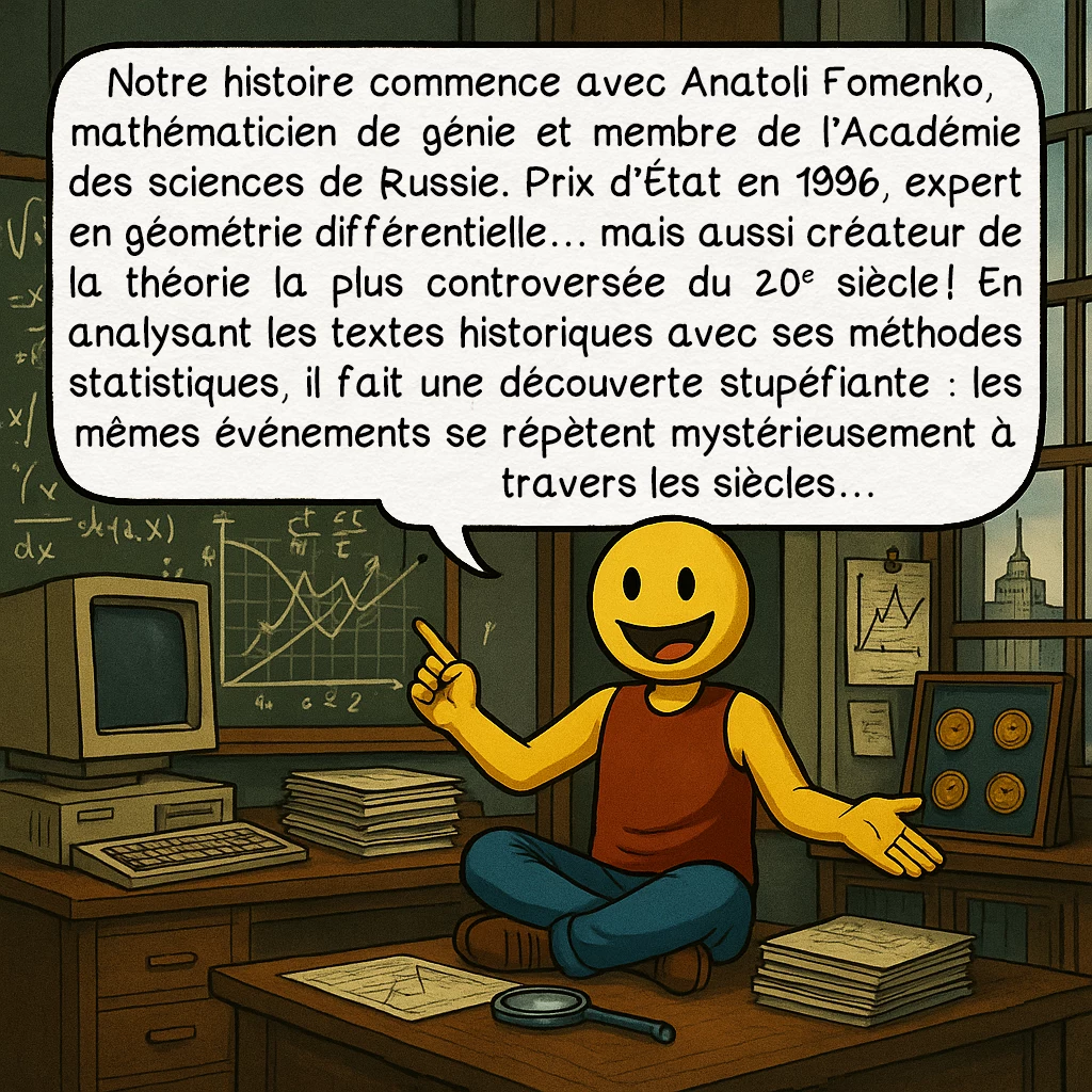 Le récentisme, case 2 : Notre histoire commence avec Anatoli Fomenko, mathématicien de génie et membre de l’Académie des sciences de Russie. Prix d’État en 1996, expert en géométrie différentielle… mais aussi créateur de la théorie la plus controversée du 20e siècle ! En analysant les textes historiques avec ses méthodes statistiques, il fait une découverte stupéfiante : les mêmes événements se répètent mystérieusement à travers les siècles…