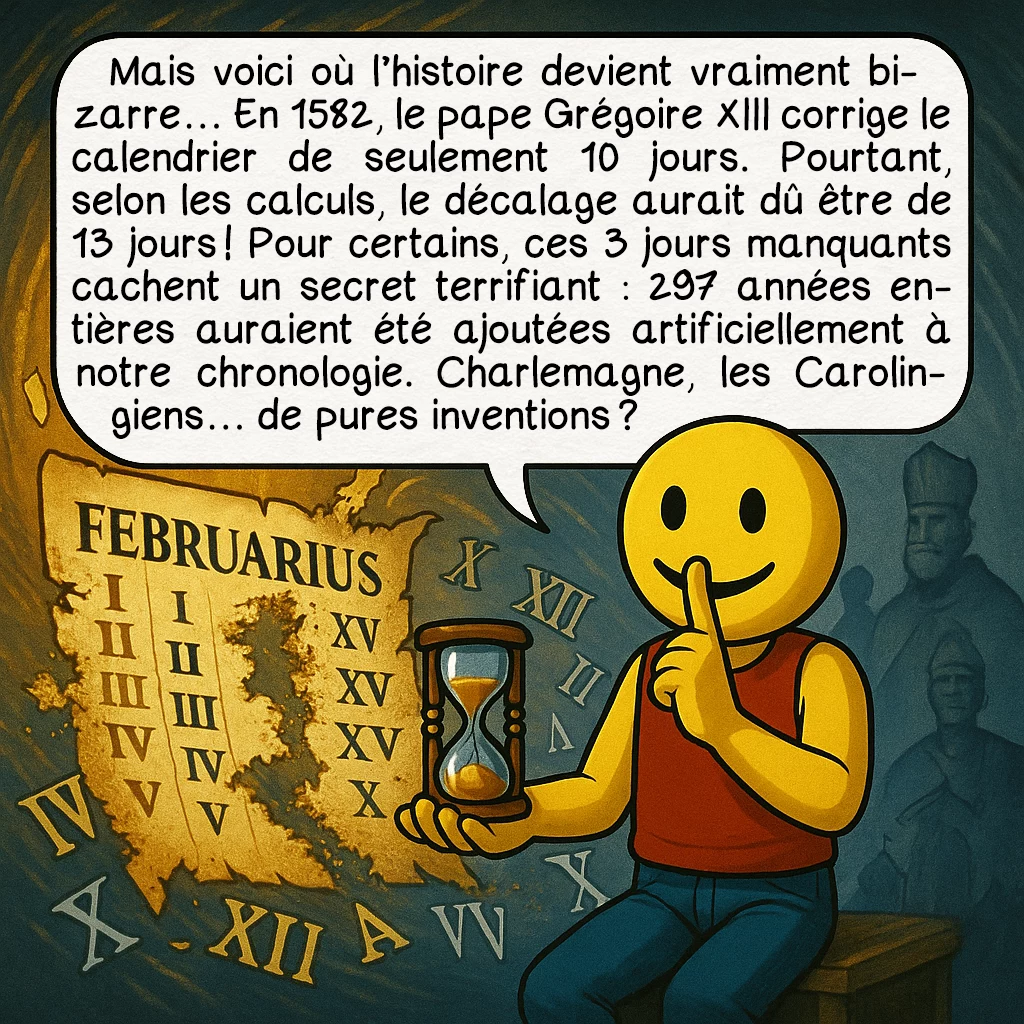 Le récentisme, case 3 : Mais voici où l’histoire devient vraiment bizarre… En 1582, le pape Grégoire XIII corrige le calendrier de seulement 10 jours. Pourtant, selon les calculs, le décalage aurait dû être de 13 jours ! Pour certains, ces 3 jours manquants cachent un secret terrifiant : 297 années entières auraient été ajoutées artificiellement à notre chronologie. Charlemagne, les Carolingiens… de pures inventions ?