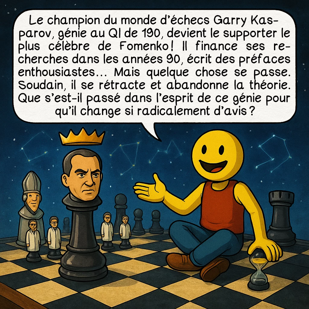 Le récentisme, case 4 : Le champion du monde d’échecs Garry Kasparov, génie au QI de 190, devient le supporter le plus célèbre de Fomenko ! Il finance ses recherches dans les années 90, écrit des préfaces enthousiastes… Mais quelque chose se passe. Soudain, il se rétracte et abandonne la théorie. Que s’est-il passé dans l’esprit de ce génie pour qu’il change si radicalement d’avis ?
