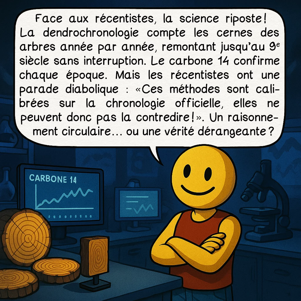 Le récentisme, case 5 : Face aux récentistes, la science riposte ! La dendrochronologie compte les cernes des arbres année par année, remontant jusqu’au 9e siècle sans interruption. Le carbone 14 confirme chaque époque. Mais les récentistes ont une parade diabolique : « Ces méthodes sont calibrées sur la chronologie officielle, elles ne peuvent donc pas la contredire ! ». Un raisonnement circulaire… ou une vérité dérangeante ?